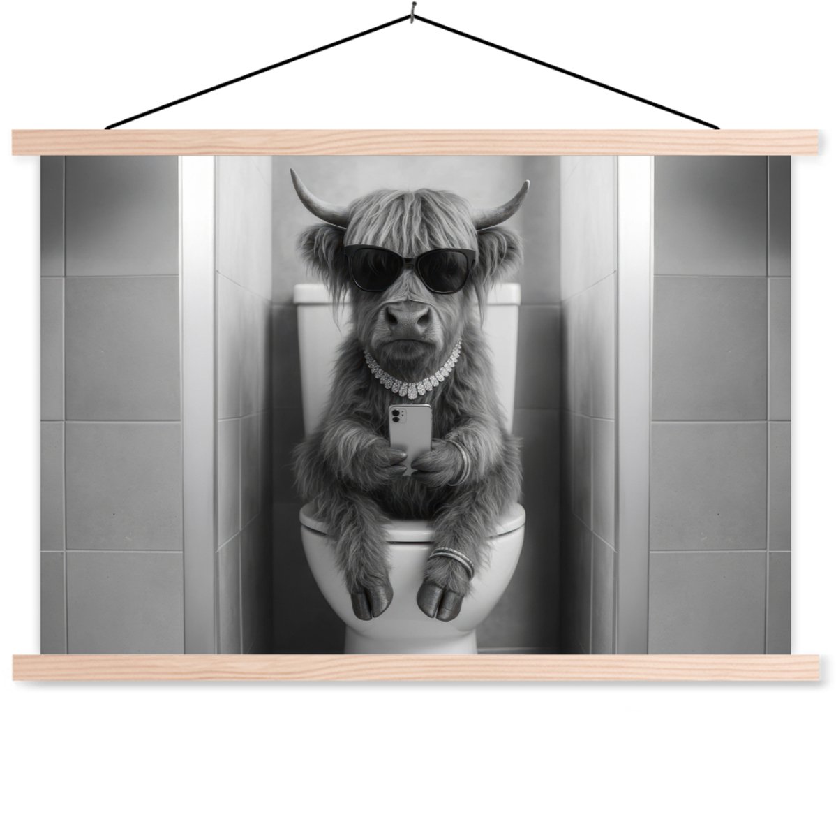 Posterhanger incl. Poster 90x60 cm - Schoolplaat - Stier - Telefoon - Toilet - Zwart - Wit