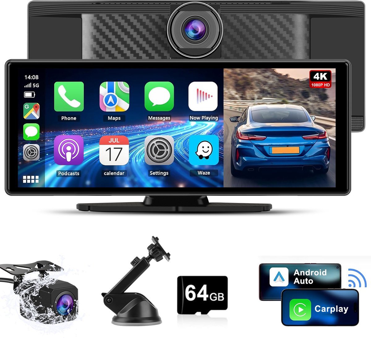 Cestovet Carplay scherm 10.26 inch - Ingebouwde Dashcam - Navigatiesysteem auto geschikt voor Apple Carplay & Android Auto - Touchscreen - Incl 64GB SD-kaart - Achteruitrijcamera