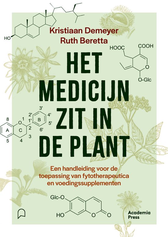 Couverture de livre avec le titre 'Het medicijn zit in de plant', formules chimiques et dessins de plantes.