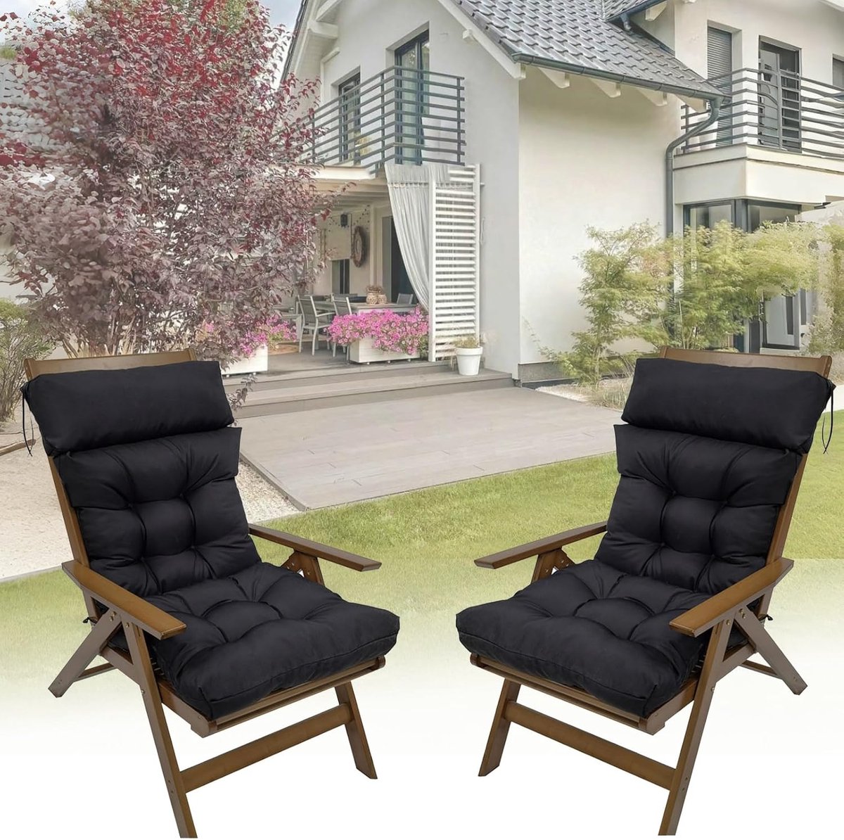 Stoelkussen Set - Tuinkussen Hoge Rug - Buiten Ontspannen - Waterdicht & Fade Bestendig - 117x50 cm - Zwart