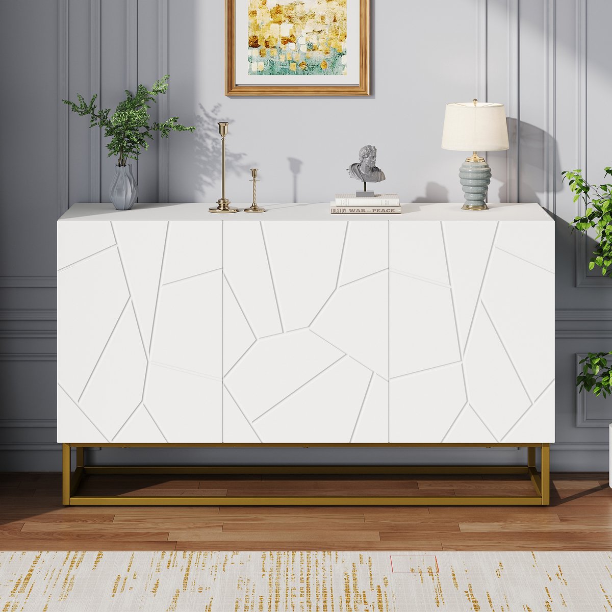 DESMIU Dressoir - Hoogglans Opbergkast Met Geribbelde Fronten En Verstelbare Planken - Voor Woonkamer En Hal - Spaanplaat - 130x38x76 Cm - Wit Goud