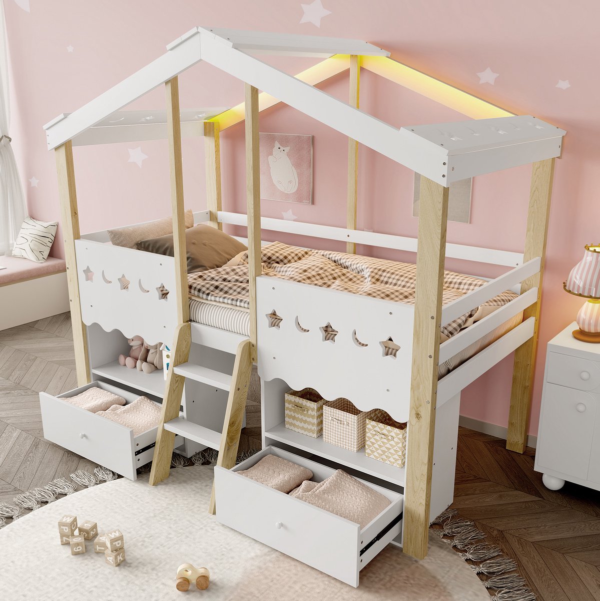 COVREO Halfhoogslaper 90x200 cm wit naturel hout, 2 lades en LED licht