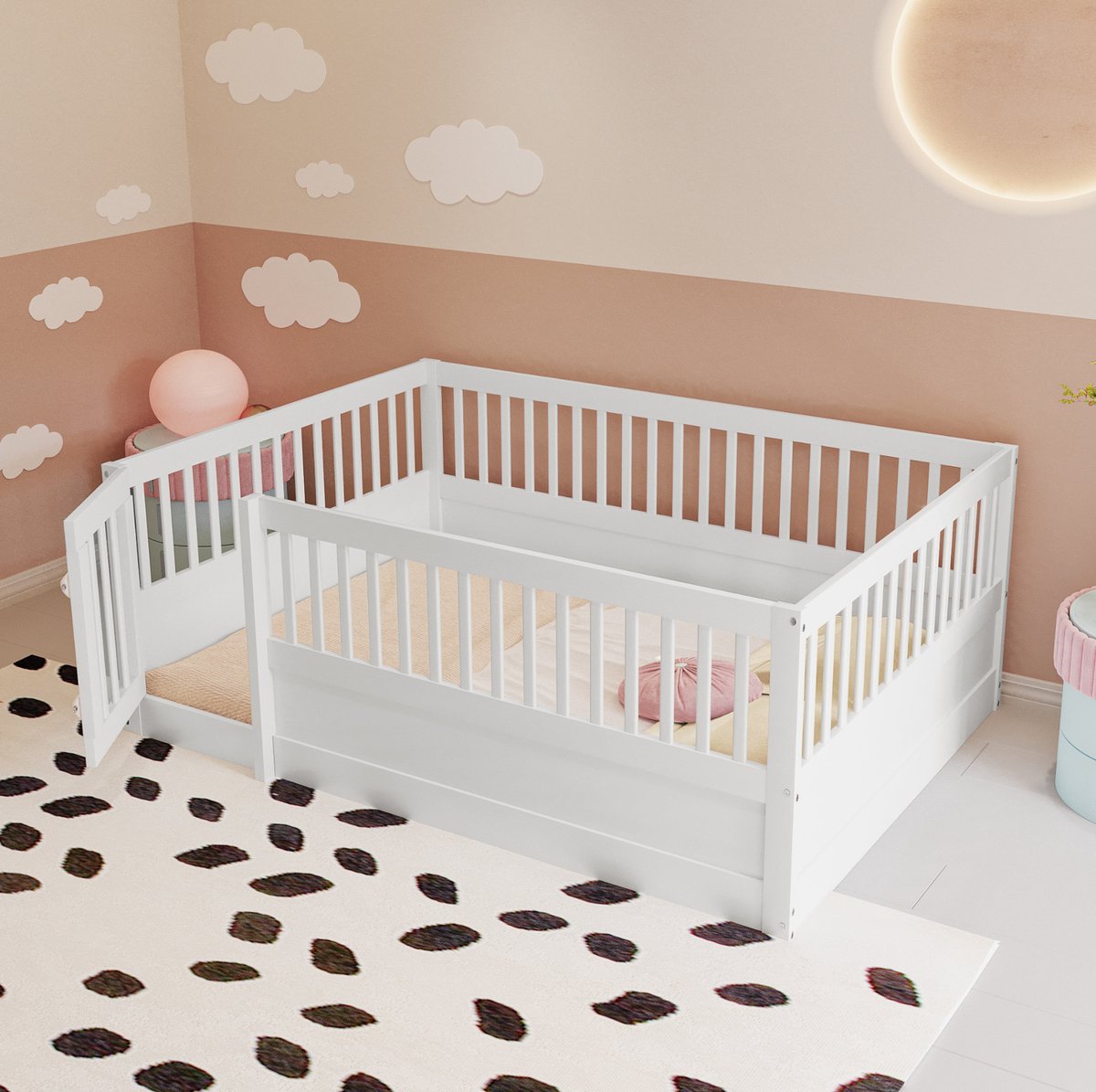 COVREO Kinderbed 205x145 cm - wit, hout en MDF, met hek en deur voor matras 140x200 cm
