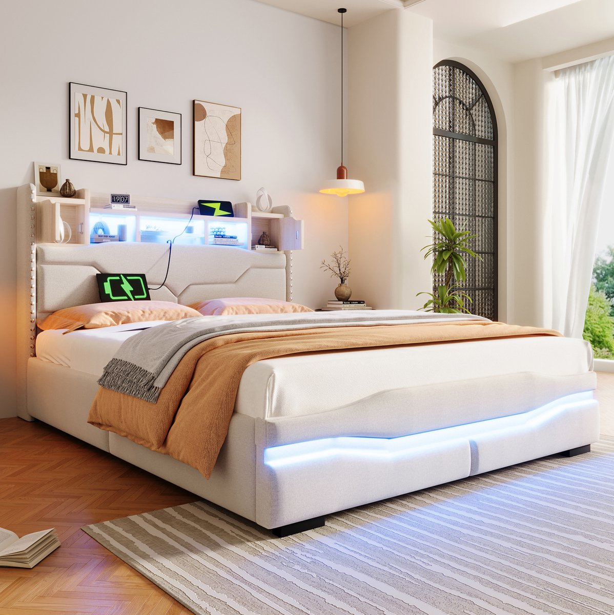 COVREO Bedframe 140x200 cm beige met opbergruimte, LED en USB-C, zonder matras