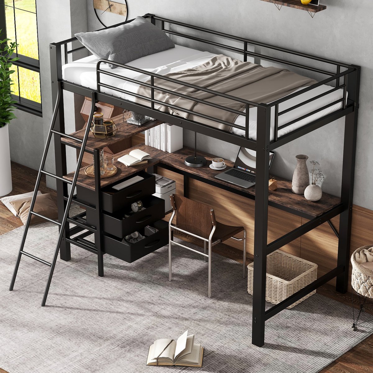 Smeedijzeren stapelbed, geschikt voor kinderen en tieners, met drie lades, een 2 meter lange tafel en een trap met vier treden. Gemaakt van smeedijzer en spaanplaat, in zwart en donker walnoothout, 90x200 cm.