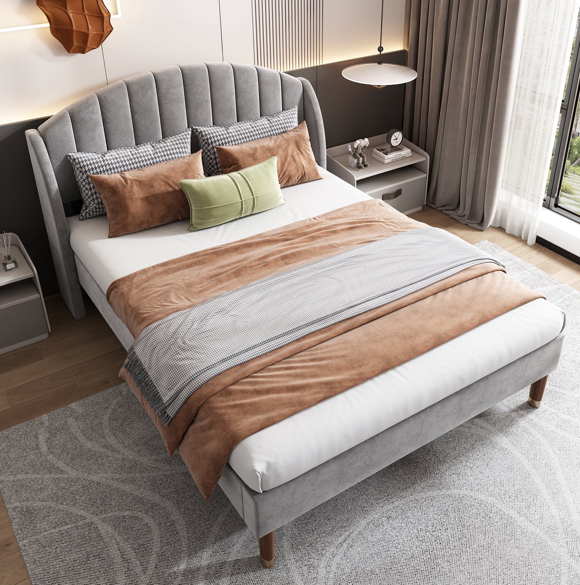 Gestoffeerd bed van 160 x 200 mm met lattenbodem en hoofdbord, geschikt voor volwassenen en tieners, houten lattenbodem, eenvoudig te monteren, fluwelen bekleding, grijs.