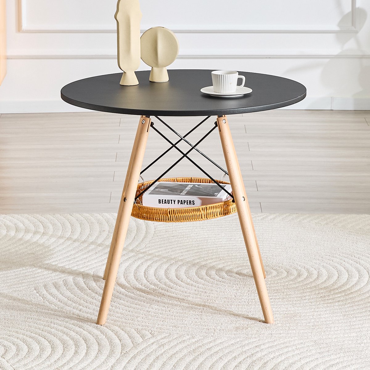 STILVORA Eettafel - Ronde Tafel Met Opbergmand - Voor 2 Tot 4 Personen In Kleine Ruimtes - Hout En MDF - 80 Cm - Zwart