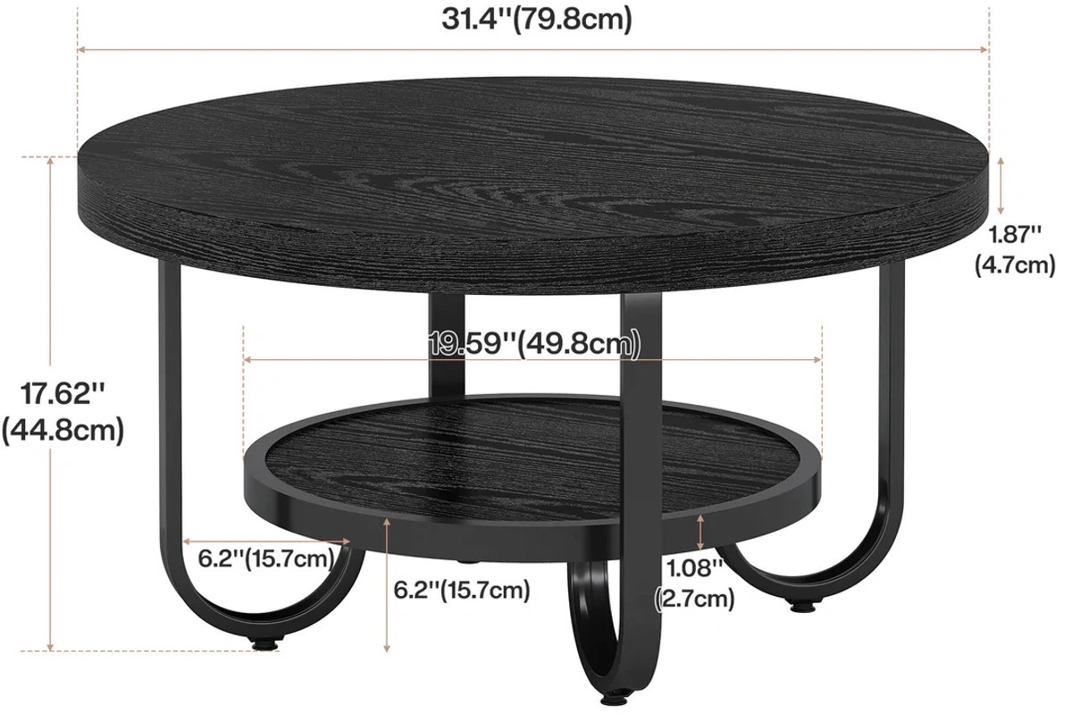 MODENUIT Salontafel - Rond Tweelaags Met Onderblad - Voor Woonkamer En Kantoor - MDF Metaal - Zwart - 79 Cm