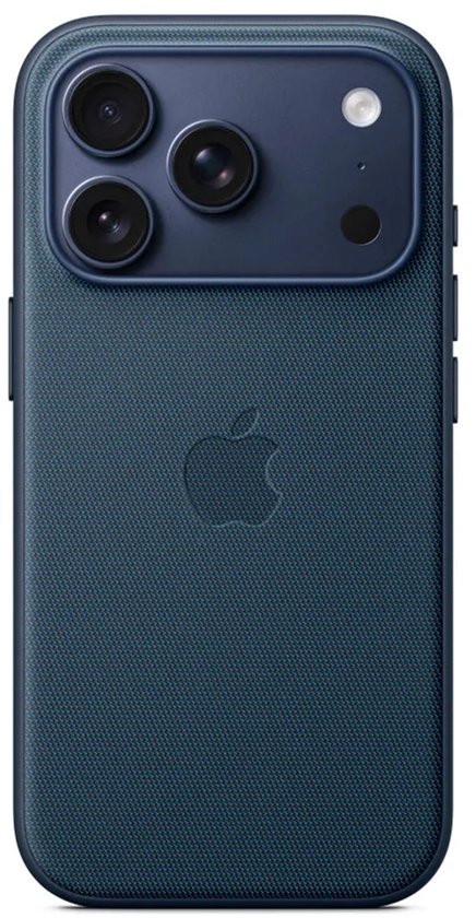 Achterkant van een blauw TechWoven hoesje voor iPhone 17 Pro met Apple logo en drievoudige camera.