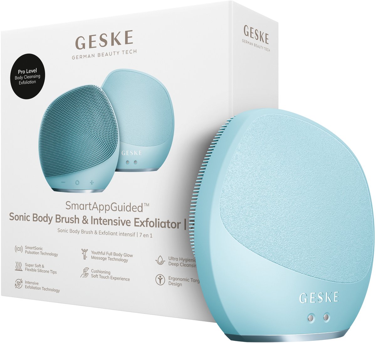 GESKE Sonic Body Brush & Intensive Exfoliator | 7 in 1 | Elektrische borstel voor het hele lichaam | Met SmartSonic-pulsaties | Diepe reiniging, exfoliatie en massage | Ruwe huidverwijderaar