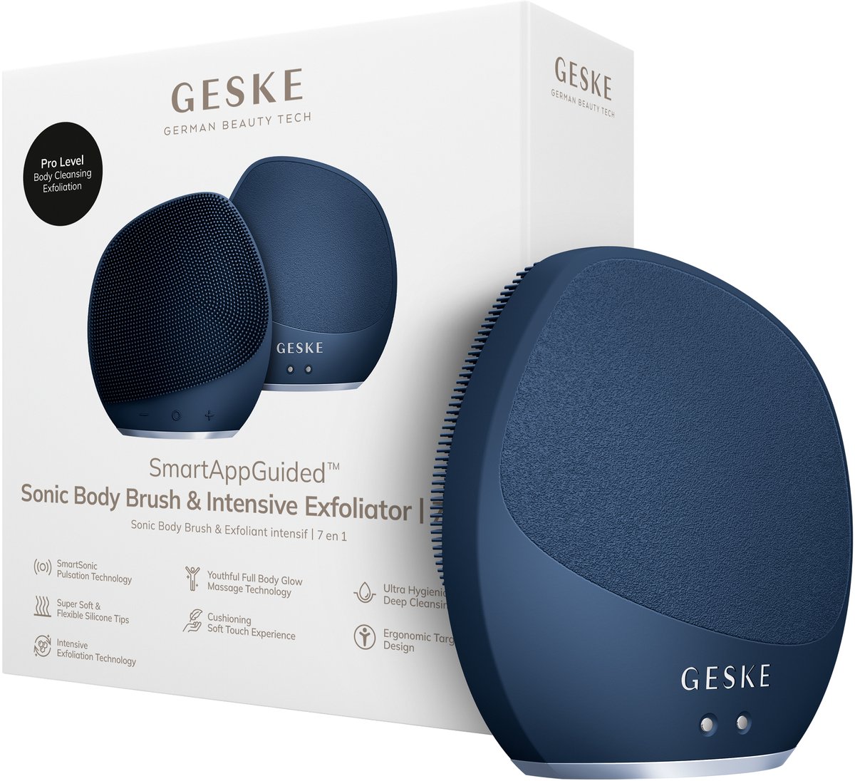 GESKE Sonic Body Brush & Intensive Exfoliator | 7 in 1 | Elektrische borstel voor het hele lichaam | Met SmartSonic-pulsaties | Diepe reiniging, exfoliatie en massage | Ruwe huidverwijderaar