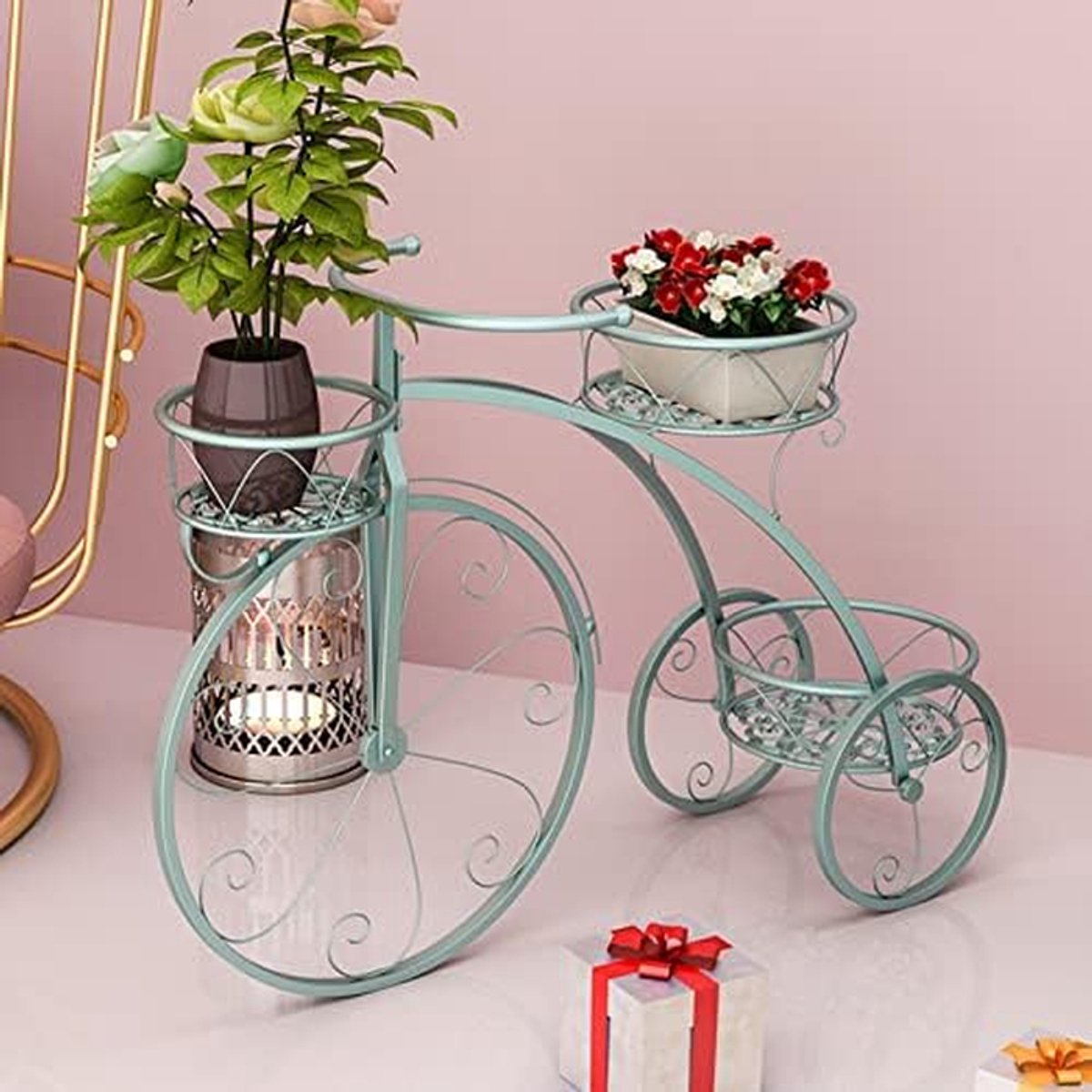 Bloempottenhouder Fiets - Plantenstandaard - Decoratie Buiten - Drie Potten - Stabiel Metaal - Blauw