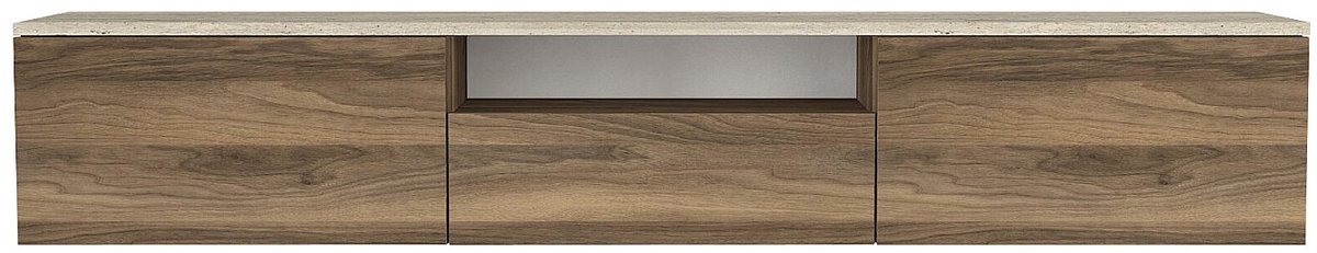 Vente-unique Zwevend tv-meubel met 3 deuren en 1 nis - Donker naturel en beige Travertijn-effect - LOTULA Natuurlijk donker, Beige