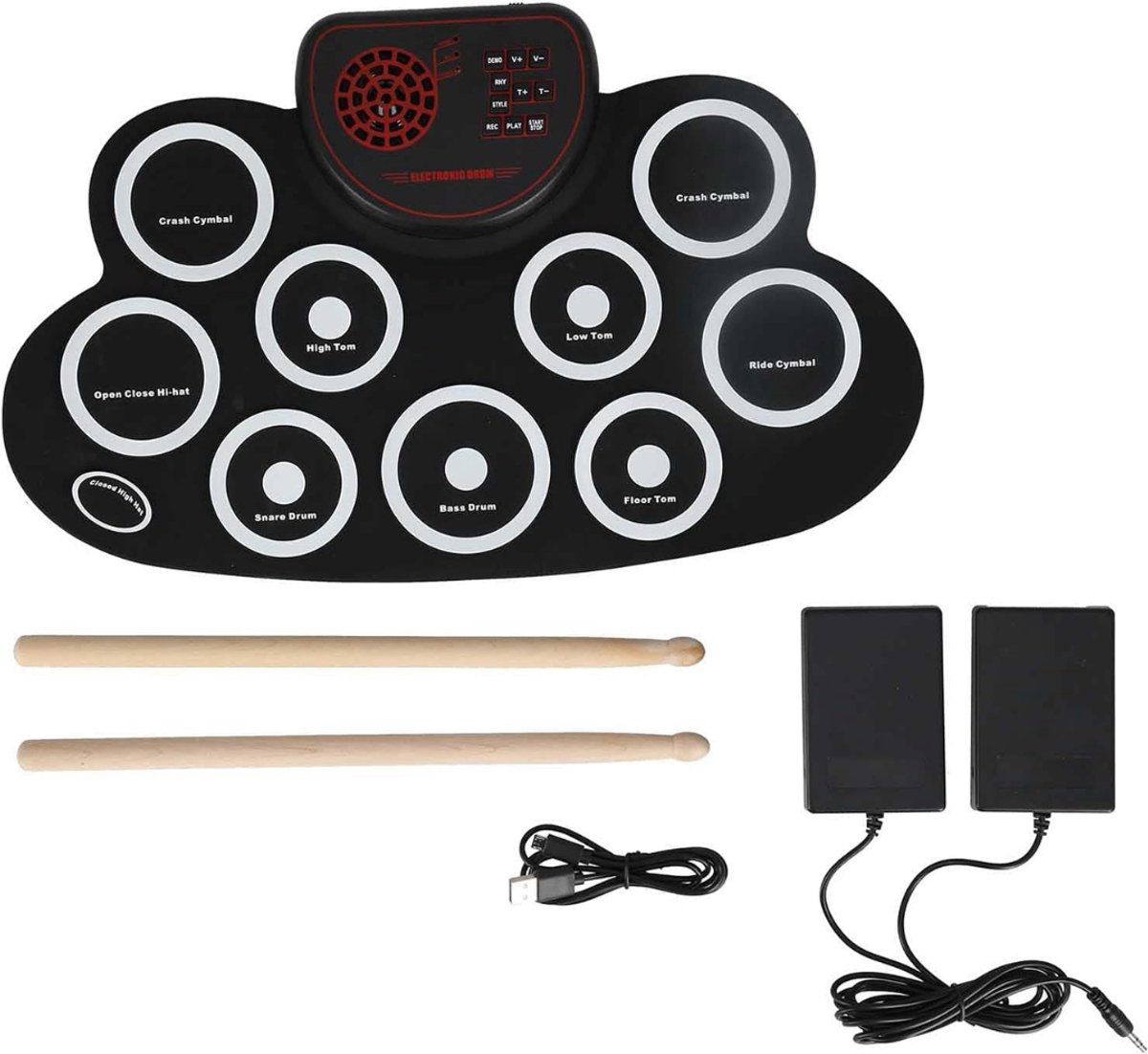 QUOVO® Elektrisch Drumstel met Drumstokken - Drumstel voor Kinderen of Volwassenen - Drumstel Elektronisch – Met 9 Digitale Drumpad - Met 2 Pedalen - Met Geïntegreerde Luidsprekers – Zwart - 45cm x 28cm x 5cm