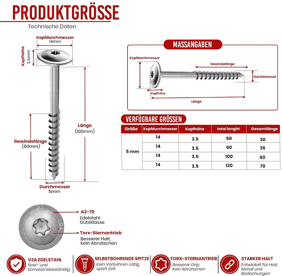 Tellerkopschroef 50 stuks roestvrij staal A2 ETA 5 x 100 TX25 Torx houtbouwschroef V2A met snijpunt, glijcoating voor - ShopVlot