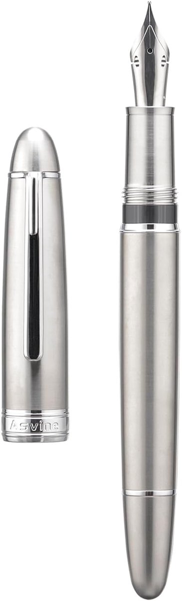 Asvine J16 Solid Titanium Fountain Pen, Jowo Flexible Fine Nib Piston Refill, Ink Window Design with Key and Pendoos - ShopVlot