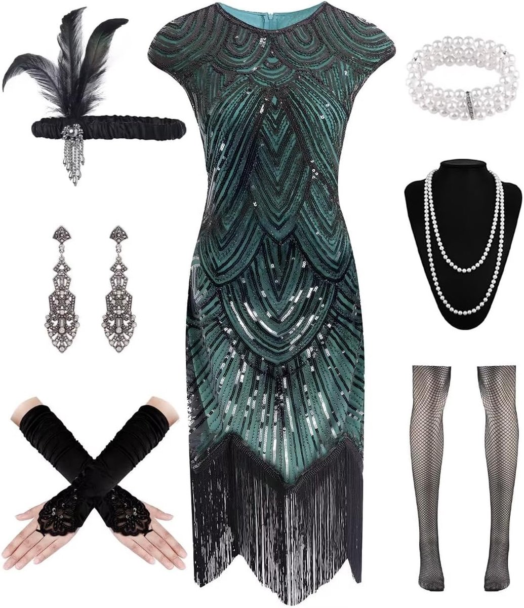 WILDPARTY 1920s Women's Flapper Dress Sequin Beaded Fringed Fishnet Stockings 1920s Accessories Mafia Costume for Women - ShopVlot