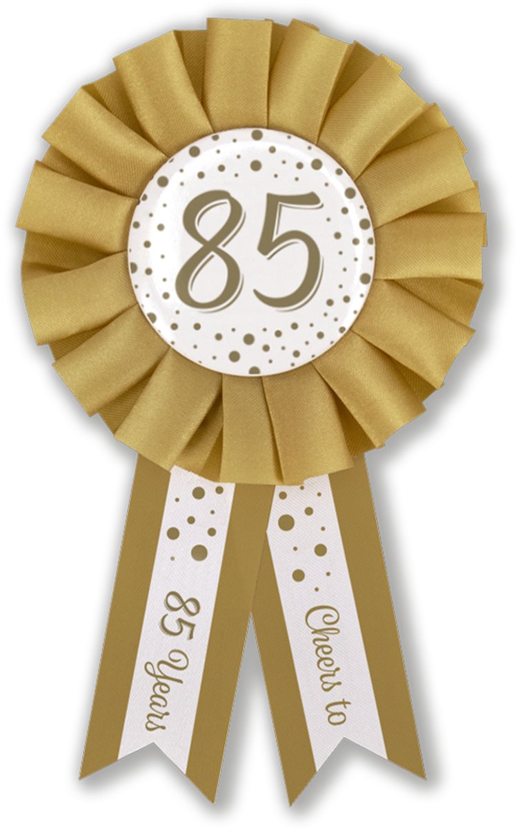 LUQ – Rosette 85 Jaar Jarig – Goud-Wit – Luxe Verjaardag Pin – Birthday Feest Accessoire – Broche – Direct Opspeldbaar
