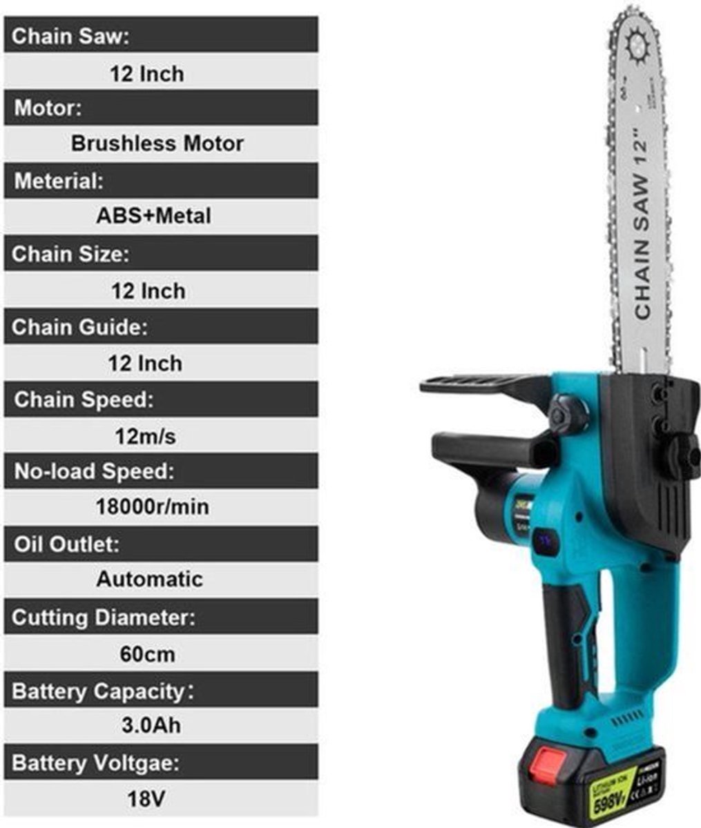 Kettingzaag - Takkenzaag - Handzaag - Snoeizaag - Draadloze - 12 Inch - 18V - 18000 RPM - Brushless - Boom- en Houtzagen - Tuin - 2 Accu