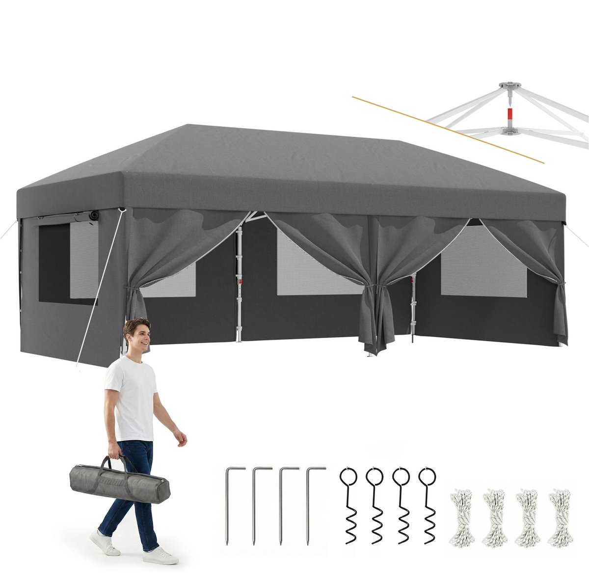 Devoko partytent–Opvouwbaar tuinpaviljoen 3x6（Raam met oprolbare hor）–pop-up tuinpaviljoen in 20 sec–Waterdicht & UV-bestendig–met opbergtas–Grijs