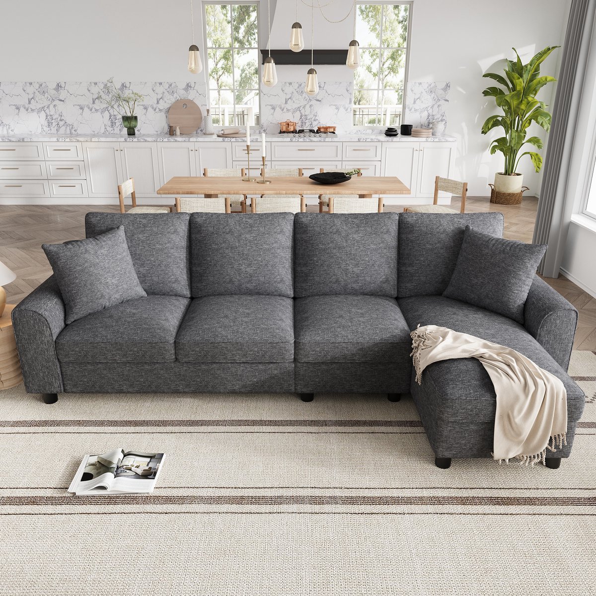 VVBV Hoekbank 280x136x82 cm - L-Vorm, Opbergruimte - Grijs, Chenille