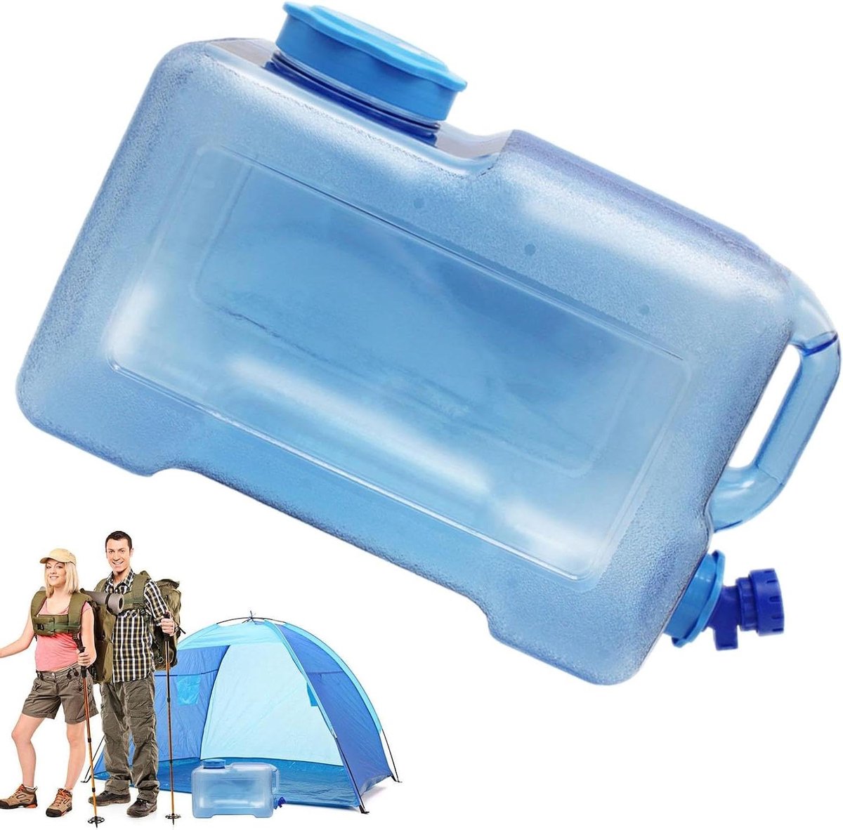 Wateropslagcontainer - Waterkruik Draagbaar - Kamperen Buiten - Brede Mond - 16L - Transparant Blauw