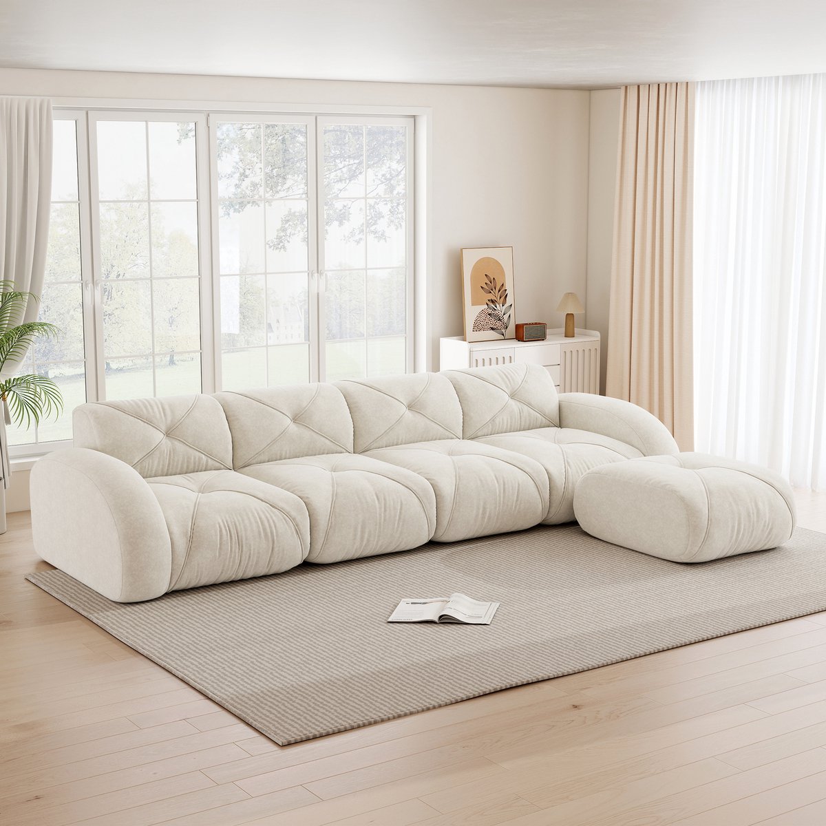 Modulaire Hoekbank - 4 Zits Chenille Bank Met Hocker - Frameloze Lounge Sofa Met 32D Schuimvulling En Antislip Basis - Grote L Vormige Bank Zonder Montage - Comfortabele Woonkamer Bank Voor Moderne Woningen - Beige