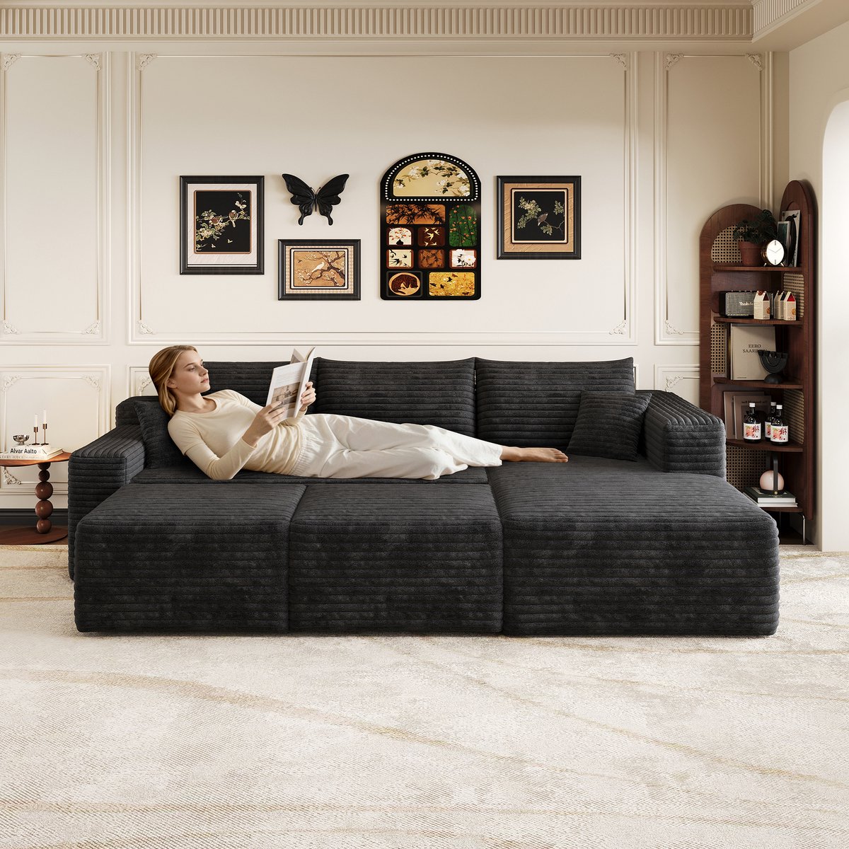 L Hoekbank - 5 Zits Cloud Sofa Zwart - Moderne Ribstof Lounge Bank Met Diepe Zit - Comfortabele Hoekbank Zonder Montage Voor Woonkamer