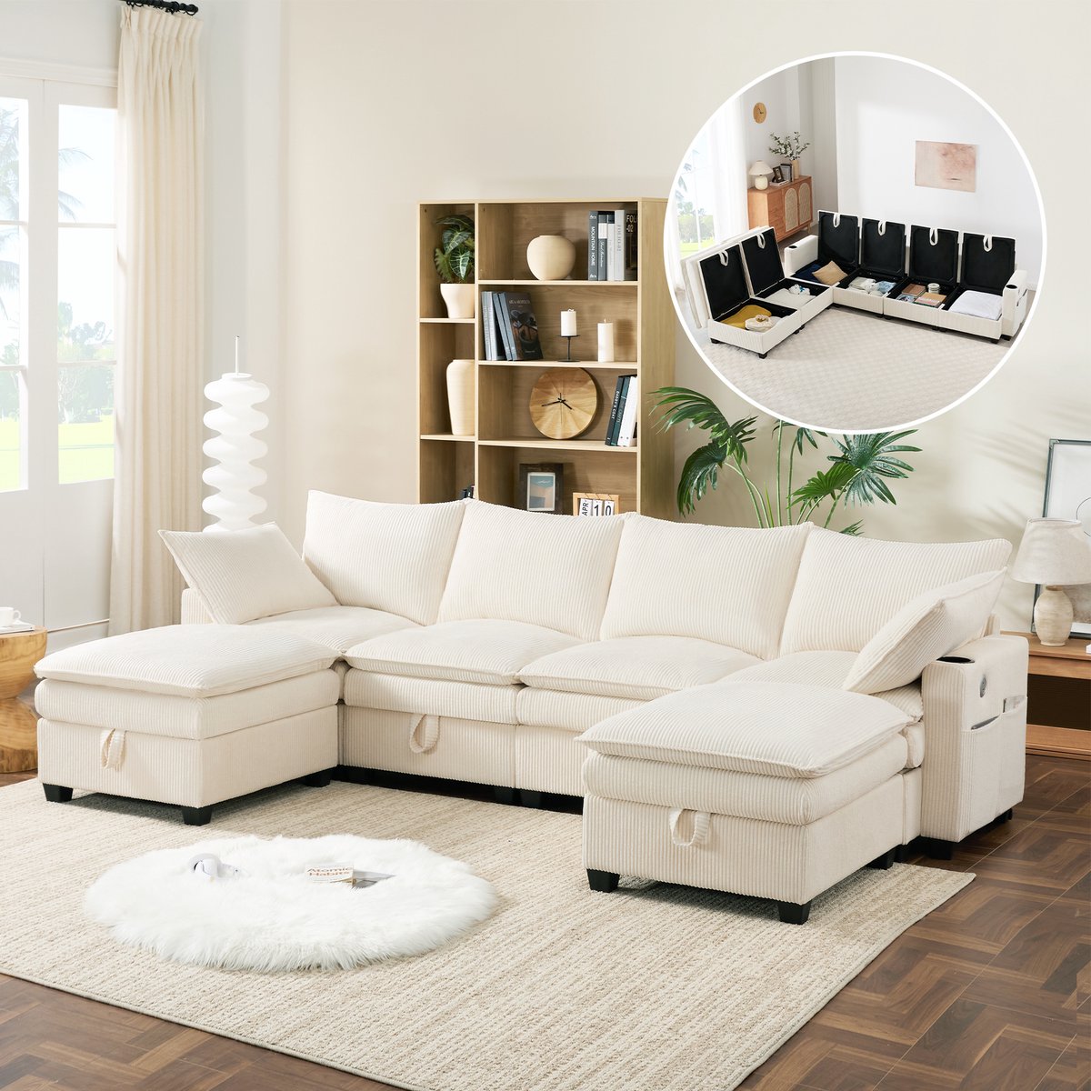 L-vormige sofa met Corduroy stof - 280x152x83 cm, Beige