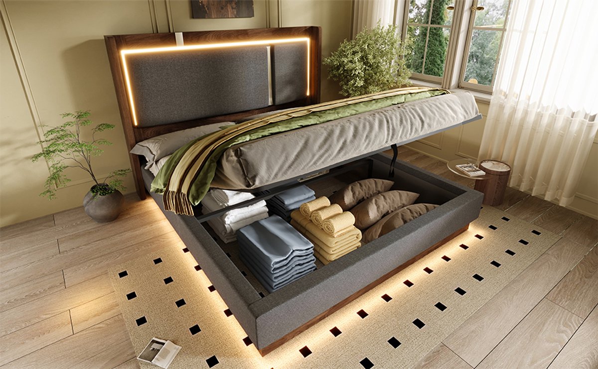 VVBV Tweepersoonsbed 180x200 cm - Hydraulische Opbergruimte, LED-Verlichting, Met Lattenbodem - Walnoot, Linnen
