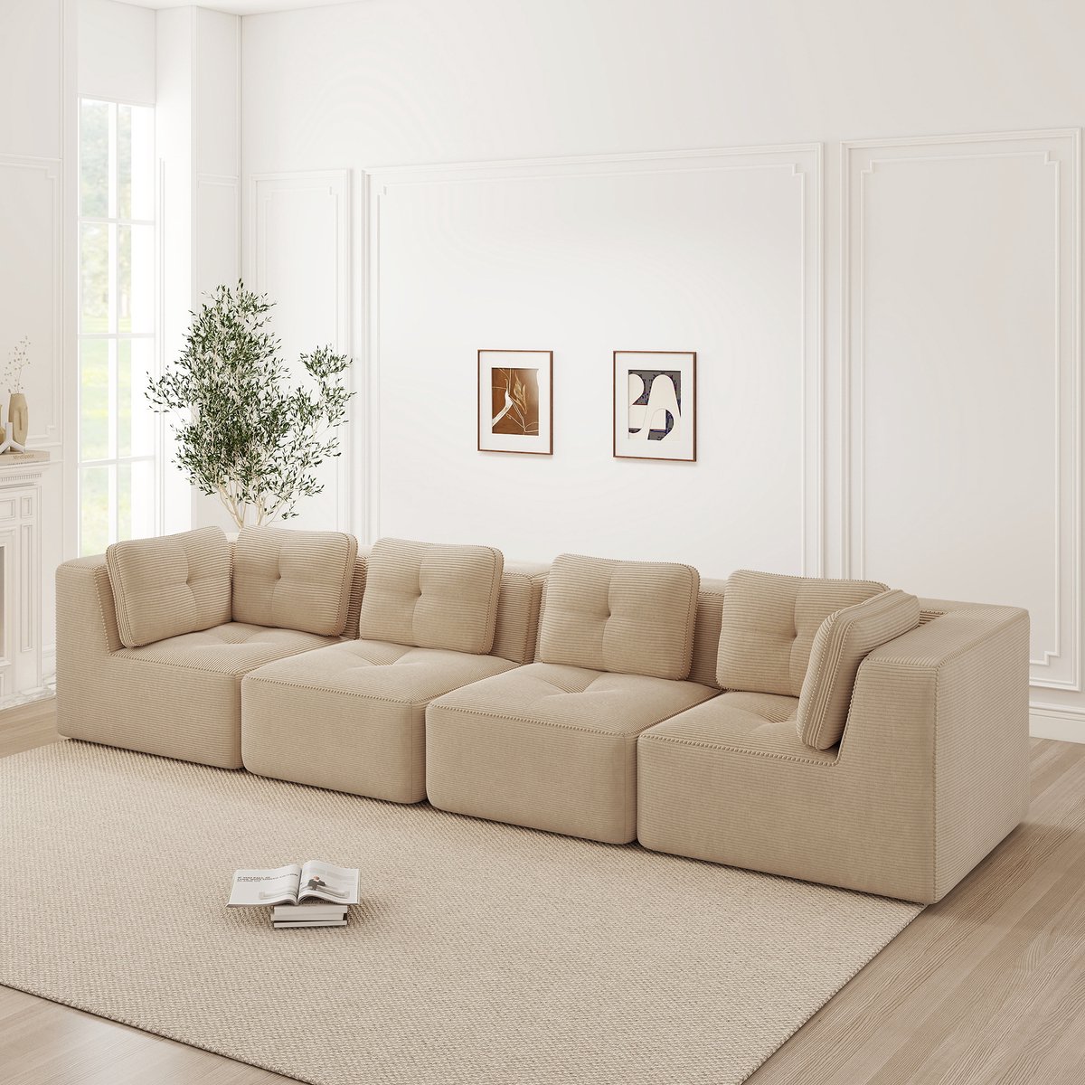 Luxe Modulaire Bank - Grote 4-Zits Hoekbank Met Corduroy Bekleding - Frameloze Cloud Sofa Met Brede Armleuningen En Anti-Slip Bodem - Comfortabele Lounge Bank Beige