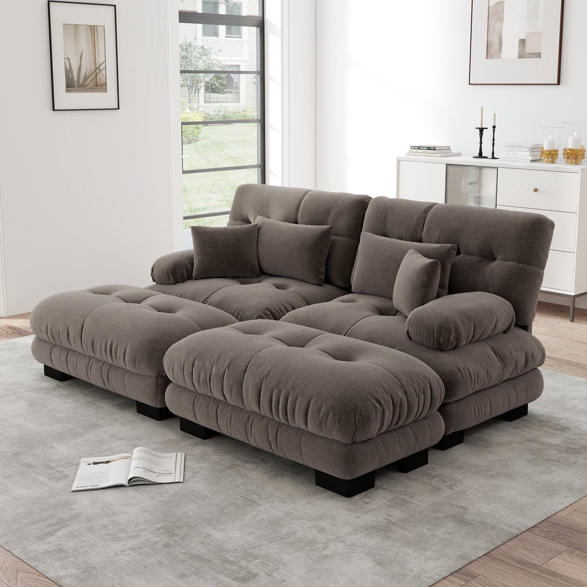 Modulaire Hoekbank - 2 Zits Chenille Cloud Sofa Met 2 Hockers - Luxe Lounge Bank Met Brede Armleuningen En Zachte Kussens - Diepe Zitbank Voor Woonkamer - Comfortabele U Of L Vorm Sofa - Bruin