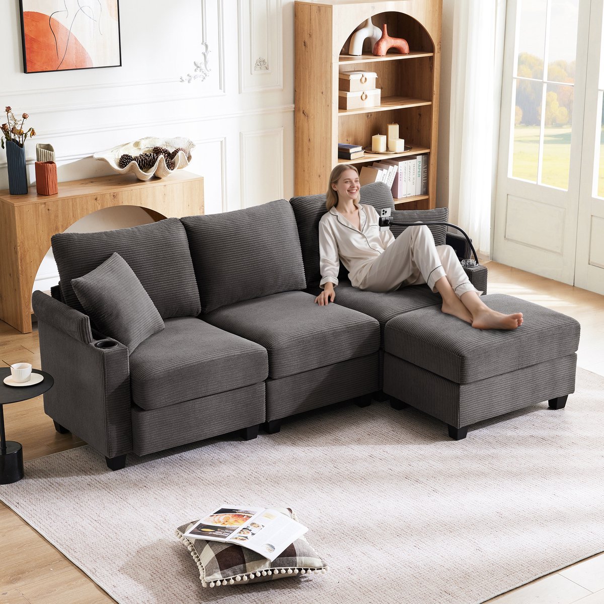 L-Vorm Hoekbank - Ribcord Lounge Bank 4-Zits Met Chaise Longue En Hocker - Modulaire Bank Met USB Oplader, Opbergruimte En Bekerhouder - Donkergrijs