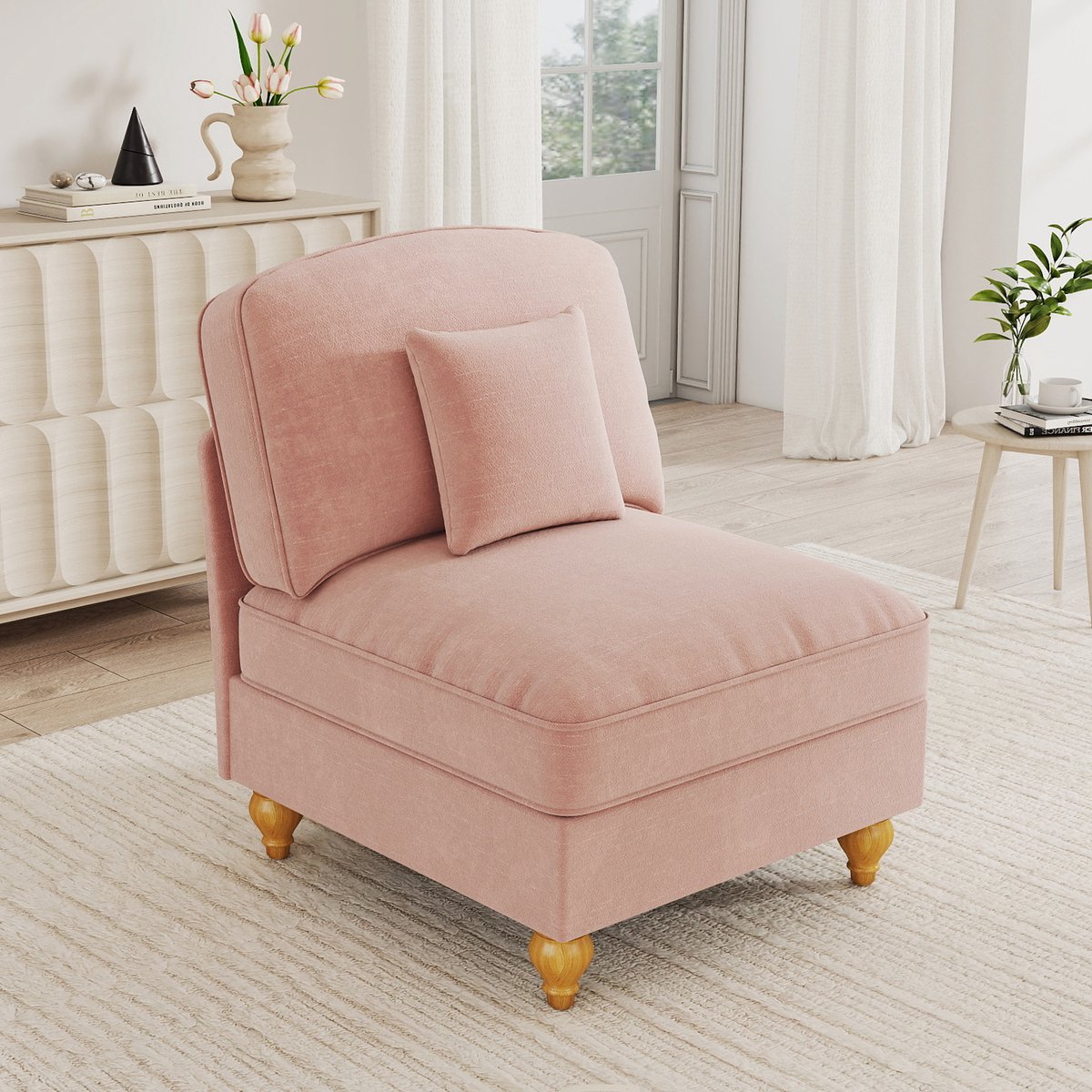 Windsor Bank 1-Zits - Chenille Fauteuil Zonder Armleuningen Met Kussen - Roze
