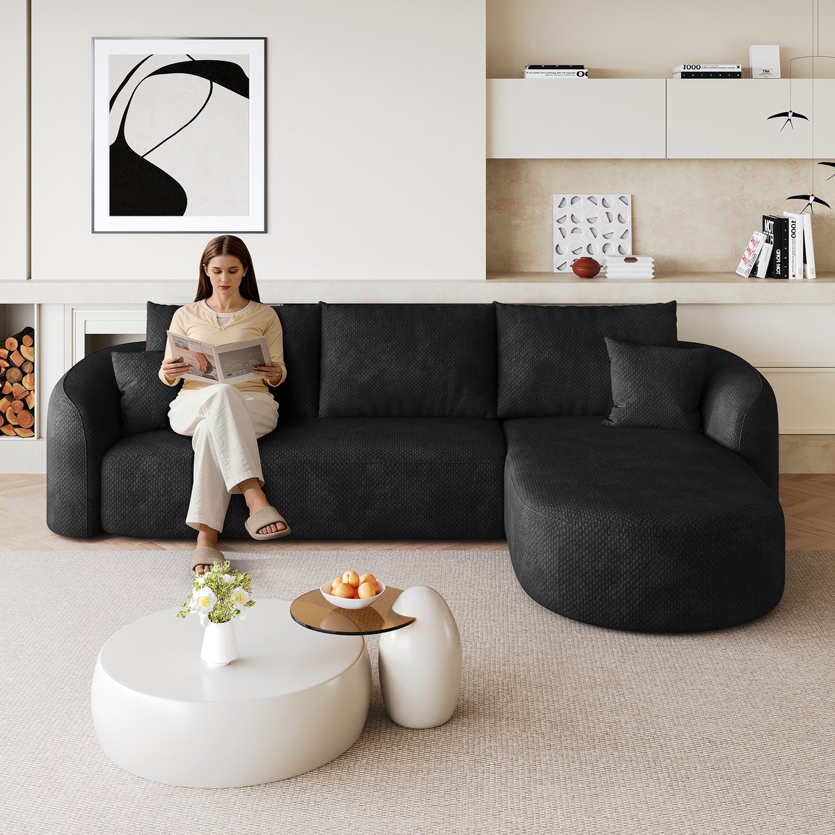 Modulaire Hoekbank - Chenille Cloud Sofa Zwart 4-Zits - Frameloze L-Bank Met Diepe Zit, Zachte Schuimvulling En Geen Montage Nodig - Comfortabele Lounge Bank Voor Woonkamer Appartement En Slaapkamer