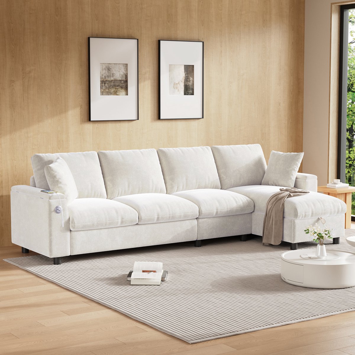comfort voor kleine ruimtes: L-vormige chenille sofa met uitklapbare tafel en opbergvakken - 280x137x84 cm, Beige