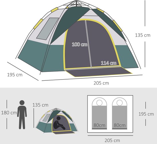 Campingtent voor 3 personen, pop-up koepeltent met raam, opbergtas, haken, grondzeil, familietent met een waterkolom van 1000 mm, tent voor kamperen, reizen, trekking en in de tuin — afbeelding 5