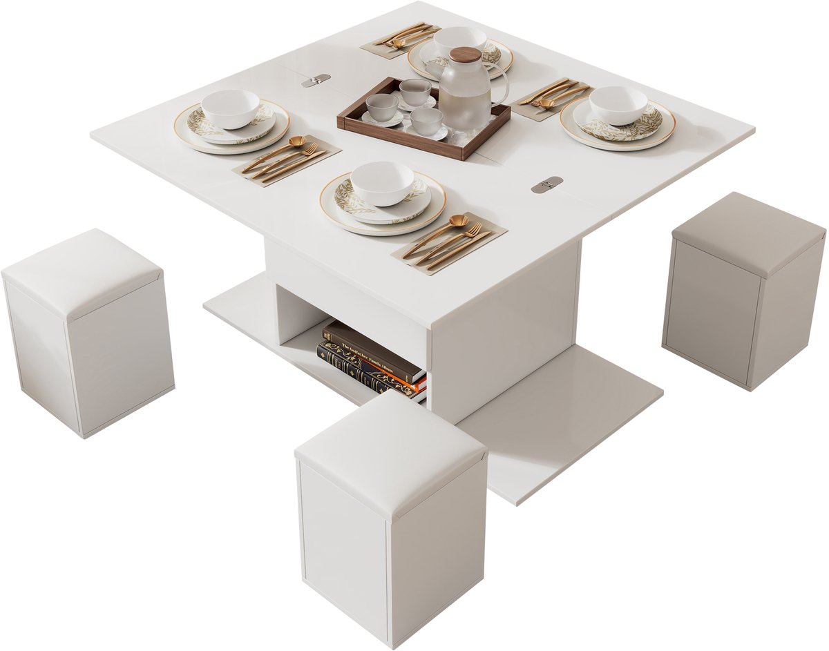 MUVANO Salontafel in hoogte verstelbaar - Multifunctioneel - Lift-top - Opbergruimte - 3-in-1 - 4 krukjes - Wielen - Hout - Woonkamer - 100x100x63,5cm - Eettafel - Wit