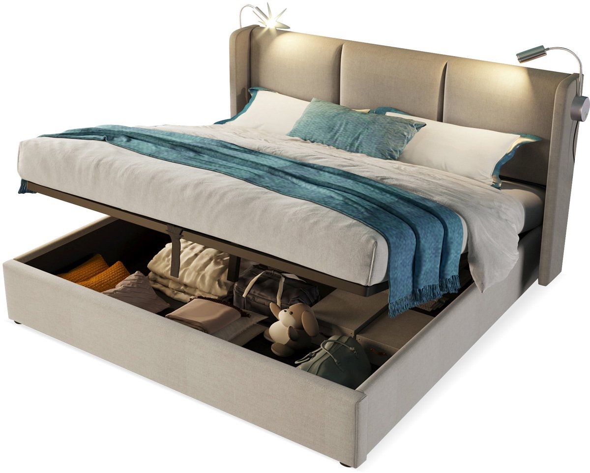Merax Gestoffeerd Bed 180 x 200 cm - Bed Met Opbergruimte - Hydraulisch Hefmechanisme - LED Leeslampen - 2 USB-Aansluitingen - Houten Lattenbodem - Linnen - Beige
