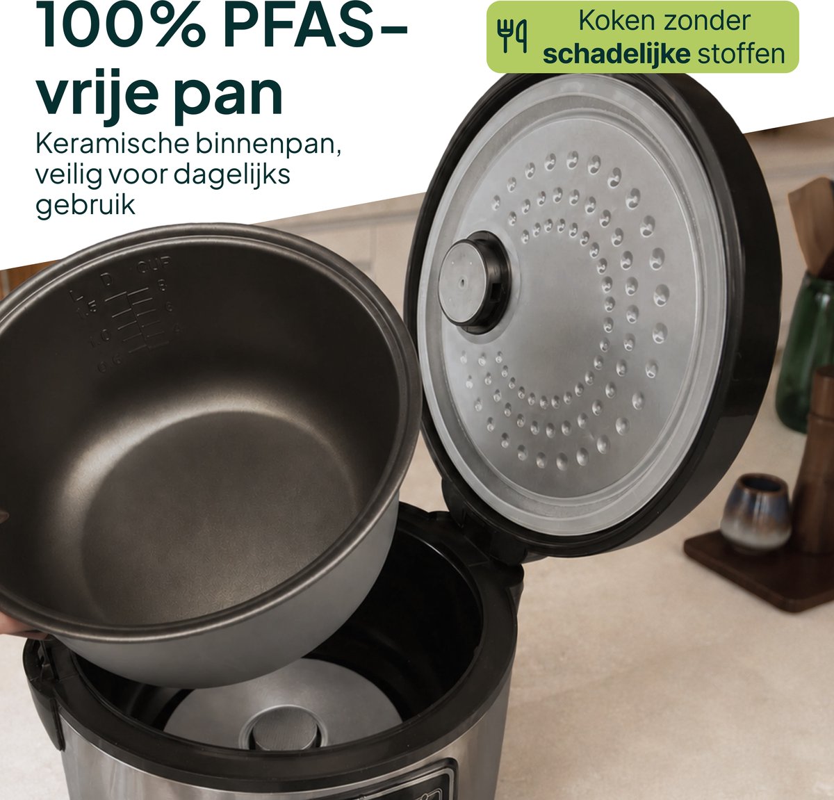 Rijstkoker met Stomer - 1.5L - Slowcooker met Timer - 8 Porties - Multicooker - Rice Cooker - RVS - Vivid Green – foto 4