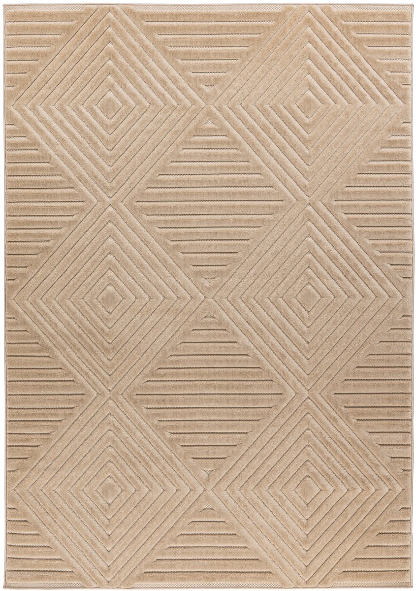 Padiro laagpolig vloerkleed 80 x 150 cm - beige - modern geometrisch patroon - voor binnen en buiten - geschikt voor vloerverwarming - van polypropyleen