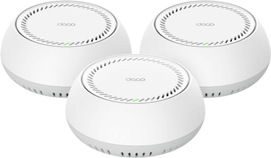 Drie witte, ronde mesh wifi-apparaten met Deco-logo's en groene indicatoren.