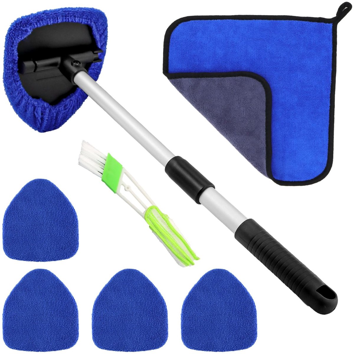 Solidchoice - Voorruitreiniger met 5 Microvezelpads en Draaibare Handgreep - Blauw
