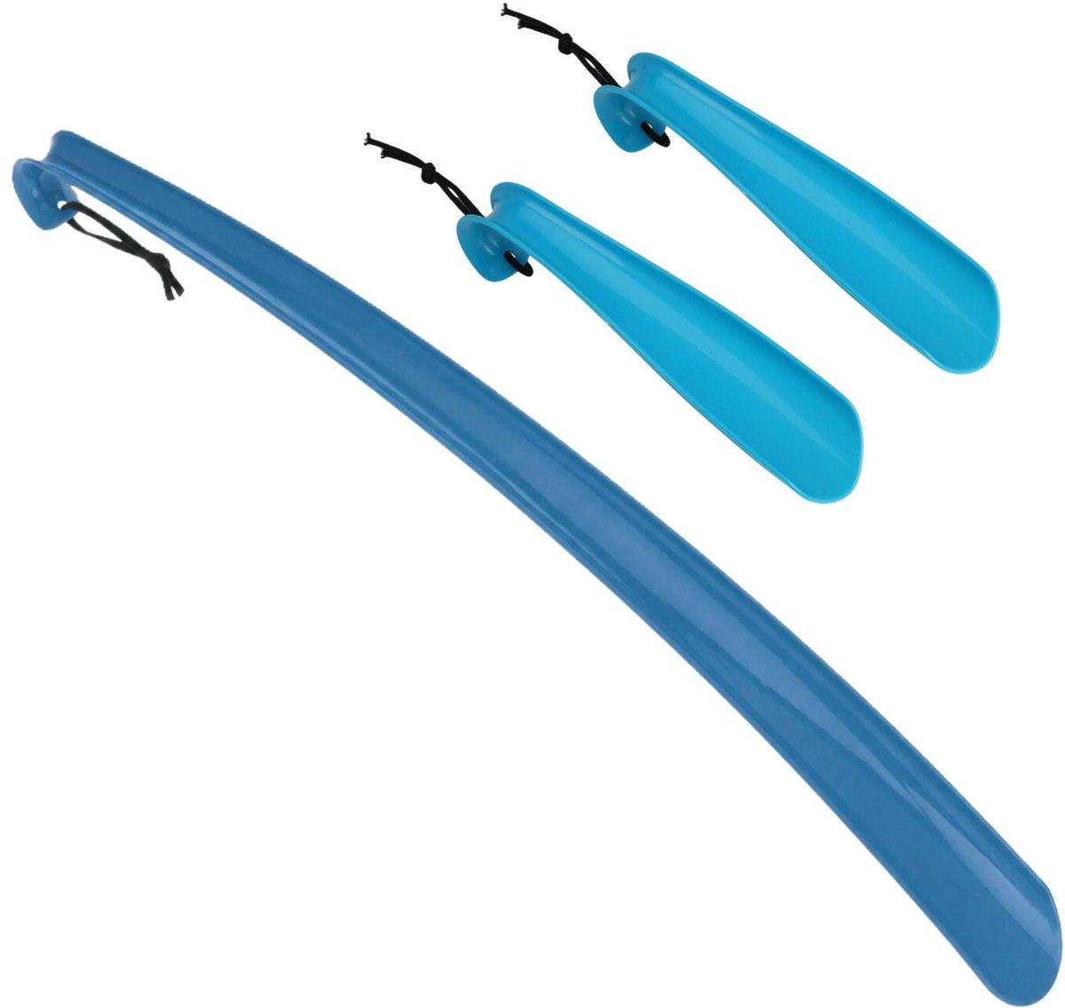 Shoe Solutions Schoenlepels set - 3x stuks - 18 en 57 cm - kunststof - blauw - met haak - schoenen instaphulp