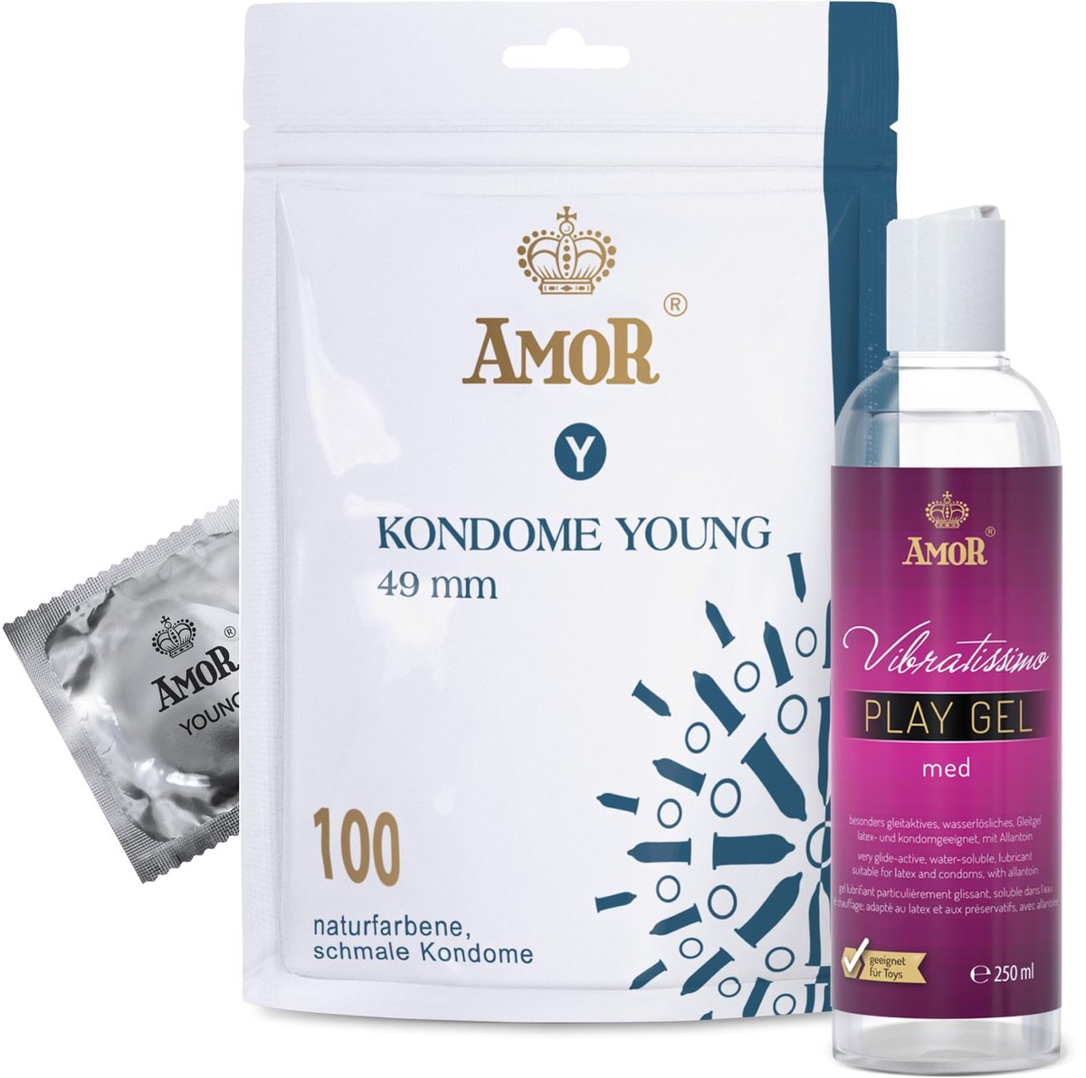 Set AMOR Premium Condoom en Glijmiddel - Ideale partners voor goede seks, 100 Condooms Ø 49 mm + Vibratissimo Play Gel med 250 ml