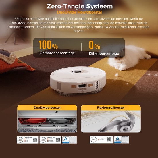 Robotstofzuiger met Zero-Tangle Systeem op een kleed, met detailafbeeldingen van de duo-borstel en flexi-arm.