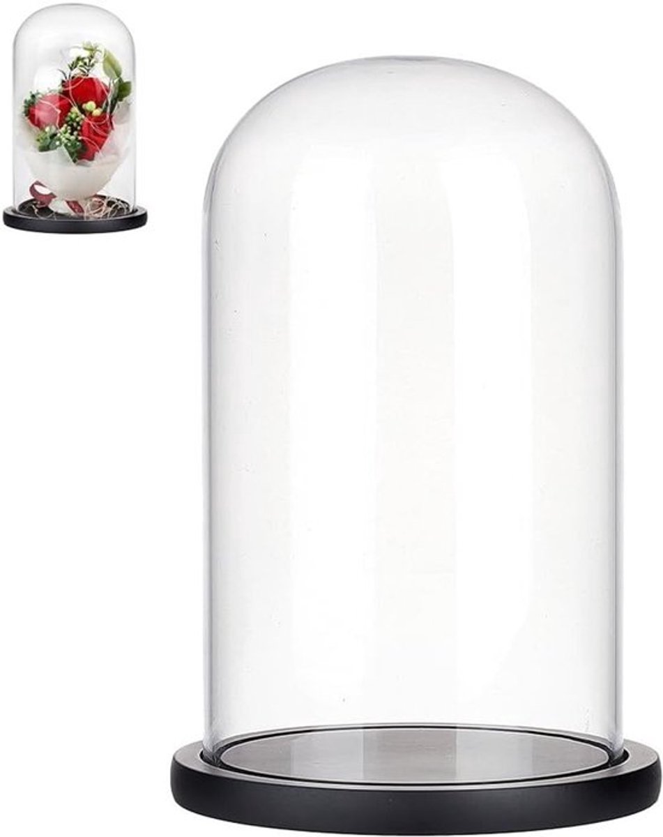 Decoratieve Glazen Cloche Dome met Zwarte Houten Basis voor Verzamelobjecten, Rozen en Tafeldecoratie - 15 x 25.5 cm