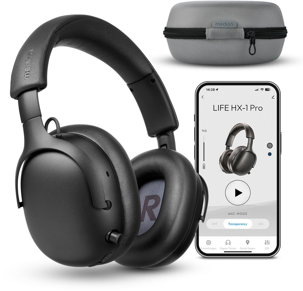 MEDION Over Ear koptelefoon HX-1 Pro (draadloos, hybride actieve ruisonderdrukking ANC, Bluetooth 6.0, 7+1 EQ-presets, tot 190 u batterijduur, spatwaterdicht IPX4), urban antraciet