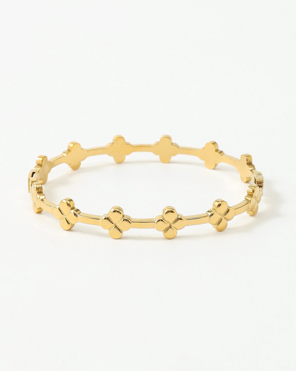 Nouka Dames Armband - Stainless Steel - Goud Gekleurde Bangle - Met Klavertjes - Combineren - Cadeau voor Vrouwen - Cadeau Voor Moeder