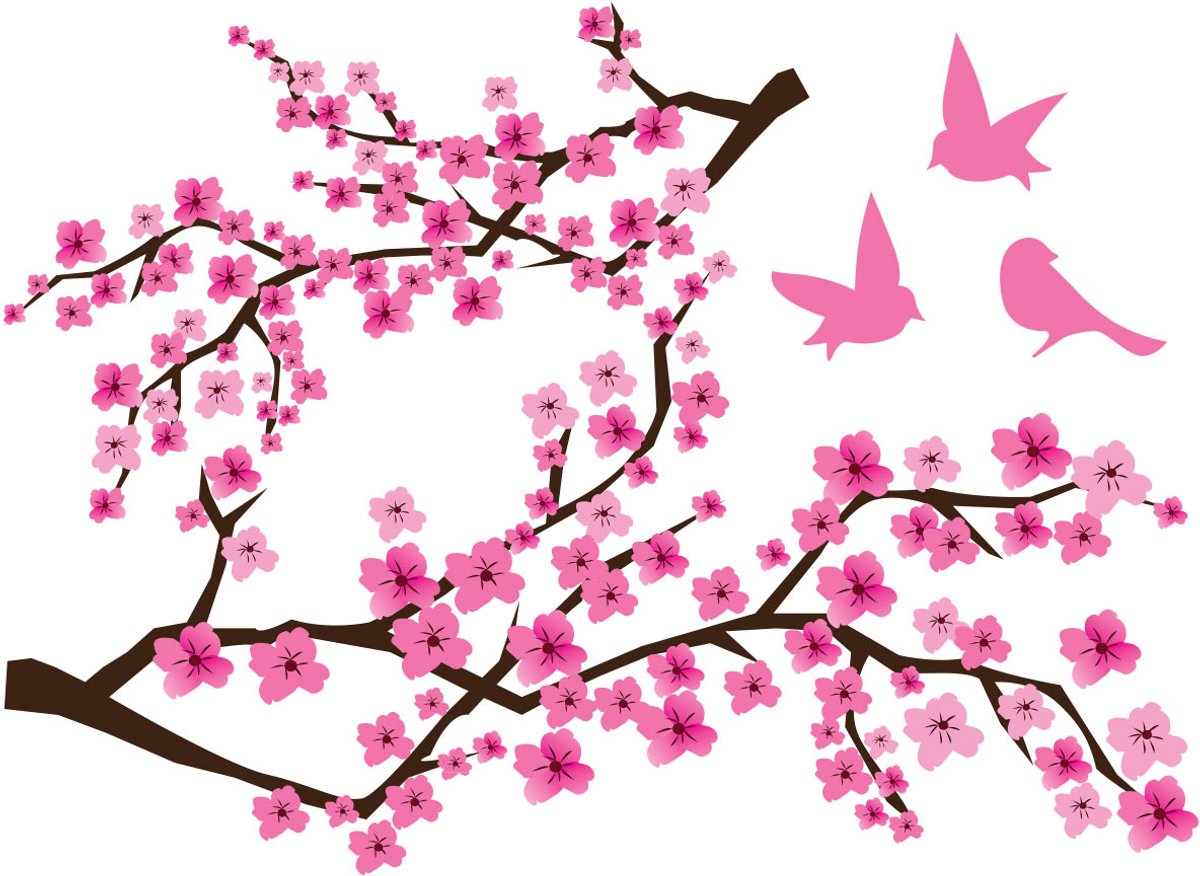 Ambiance Sticker Muurstickers - 2 Japanse kersenbloesemtakken en 3 vogels - Transparante achtergrond - 40x55cm Multi color